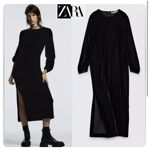 ZARA DRAPED VELVET MIDI DRESS BLACK SZ small NWT - Picture 1 of 16